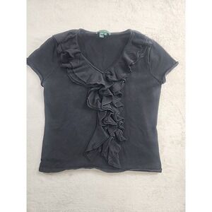 Ralph Lauren Lauren Black Ruffle Sweater Medium Short Sleeves
